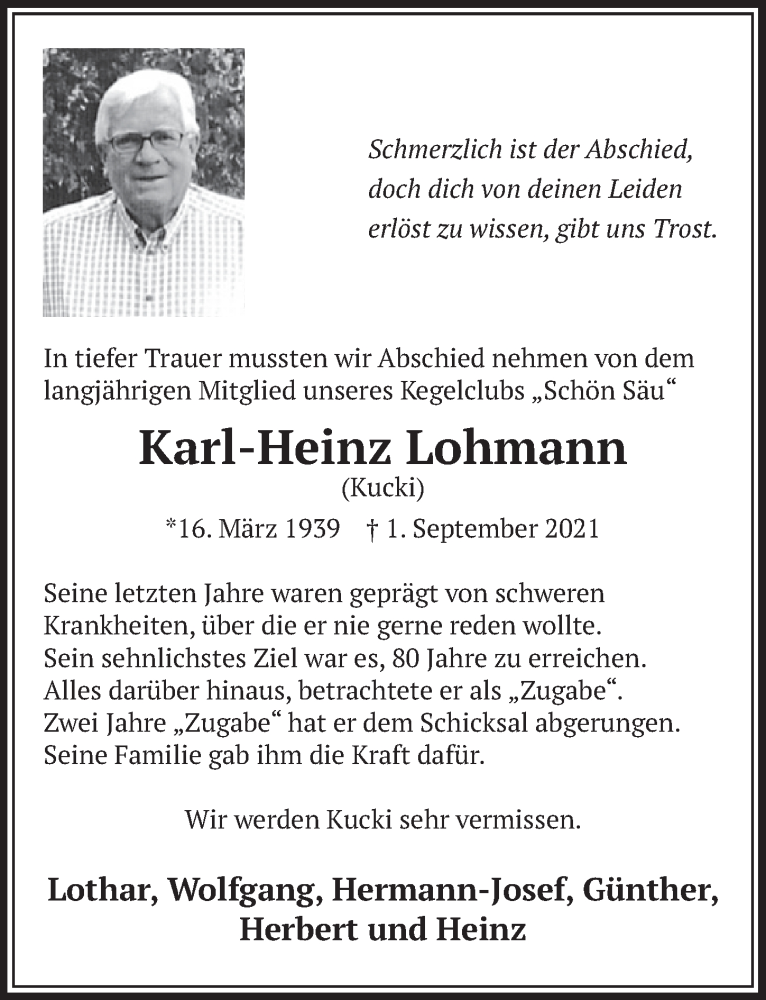  Traueranzeige für Karl-Heinz Lohmann vom 24.09.2021 aus  Werbepost 