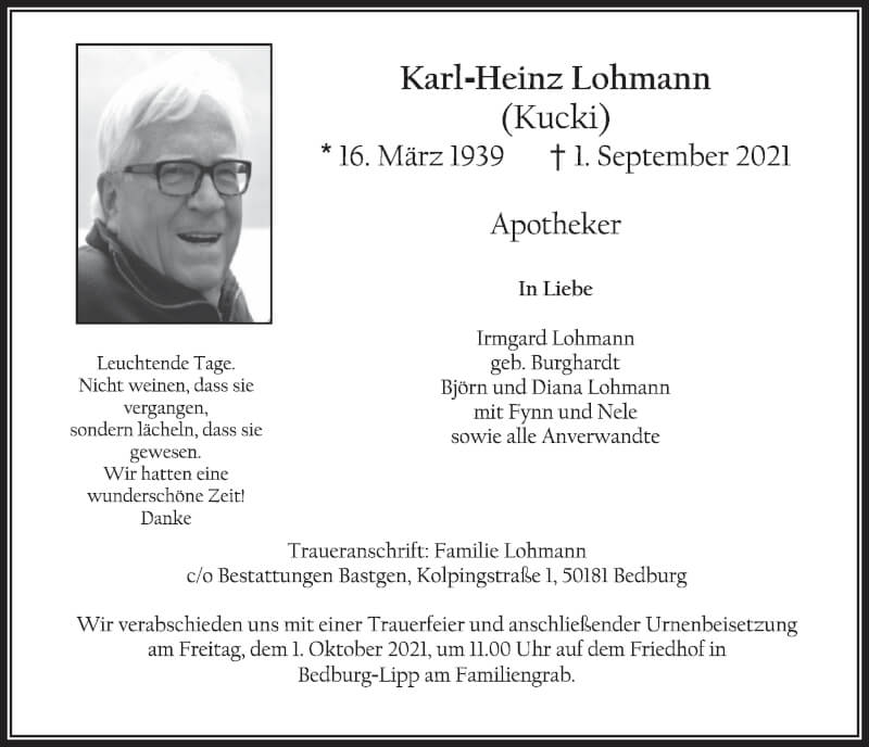  Traueranzeige für Karl-Heinz Lohmann vom 17.09.2021 aus  Werbepost 