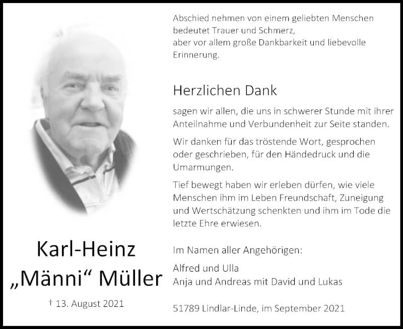  Traueranzeige für Karl-Heinz Müller vom 25.09.2021 aus Kölner Stadt-Anzeiger / Kölnische Rundschau / Express