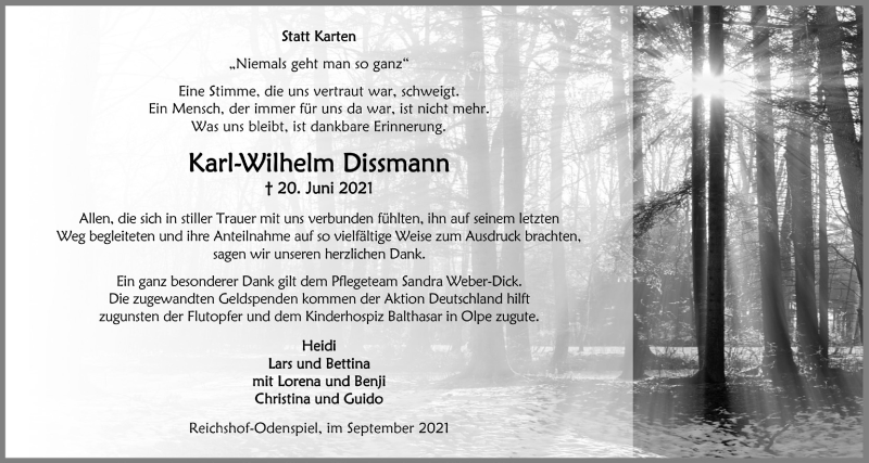  Traueranzeige für Karl-Wilhelm Dissmann vom 03.09.2021 aus  Lokalanzeiger 