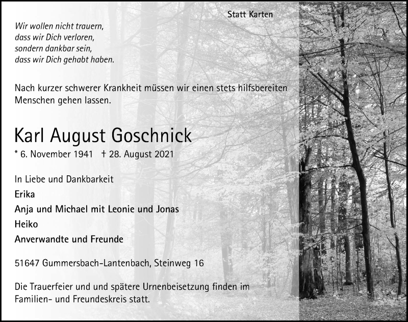  Traueranzeige für Karl August Goschnick vom 03.09.2021 aus  Anzeigen Echo 