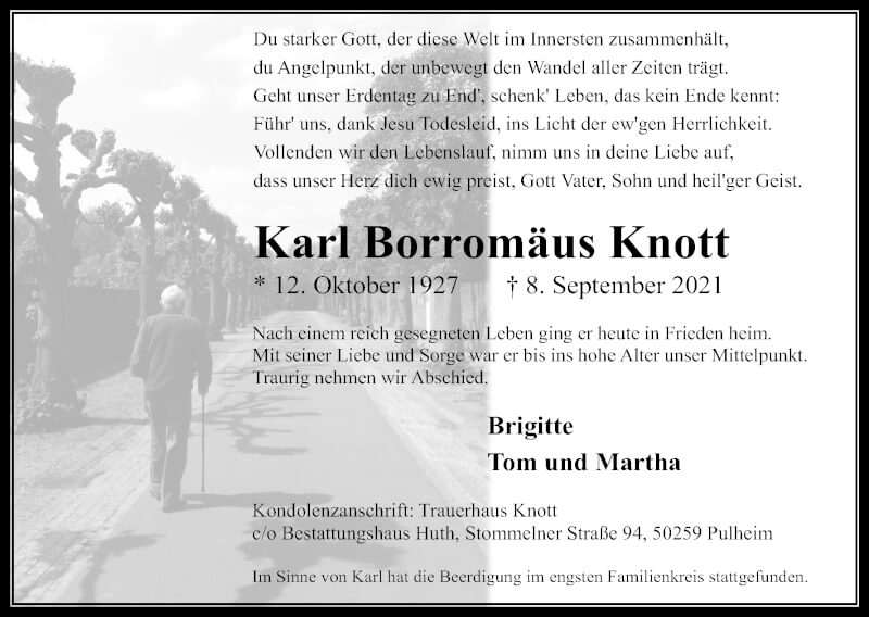  Traueranzeige für Karl Borromäus Knott vom 25.09.2021 aus Kölner Stadt-Anzeiger / Kölnische Rundschau / Express