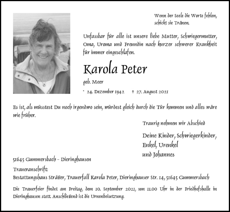  Traueranzeige für Karola Peter vom 04.09.2021 aus Kölner Stadt-Anzeiger / Kölnische Rundschau / Express