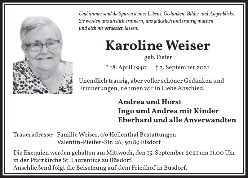  Traueranzeige für Karoline Weiser vom 10.09.2021 aus  Werbepost 