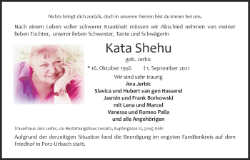 Anzeige von Kata Shehu von  Kölner Wochenspiegel 