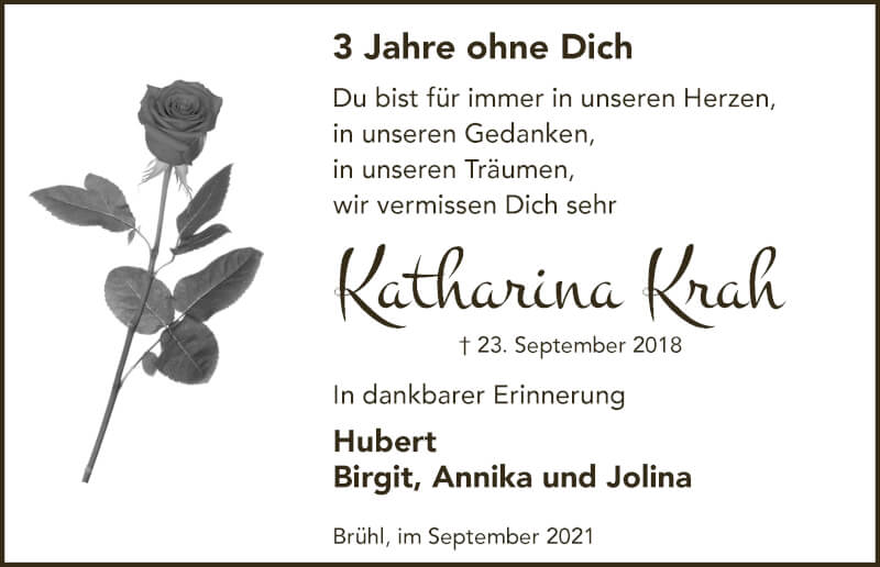  Traueranzeige für Katharina Krah vom 17.09.2021 aus  Schlossbote/Werbekurier 