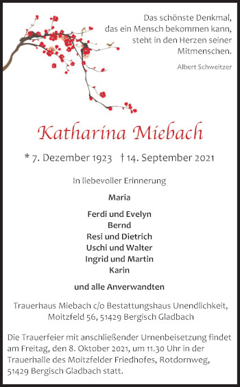 Anzeige von Katharina Miebach von Kölner Stadt-Anzeiger / Kölnische Rundschau / Express