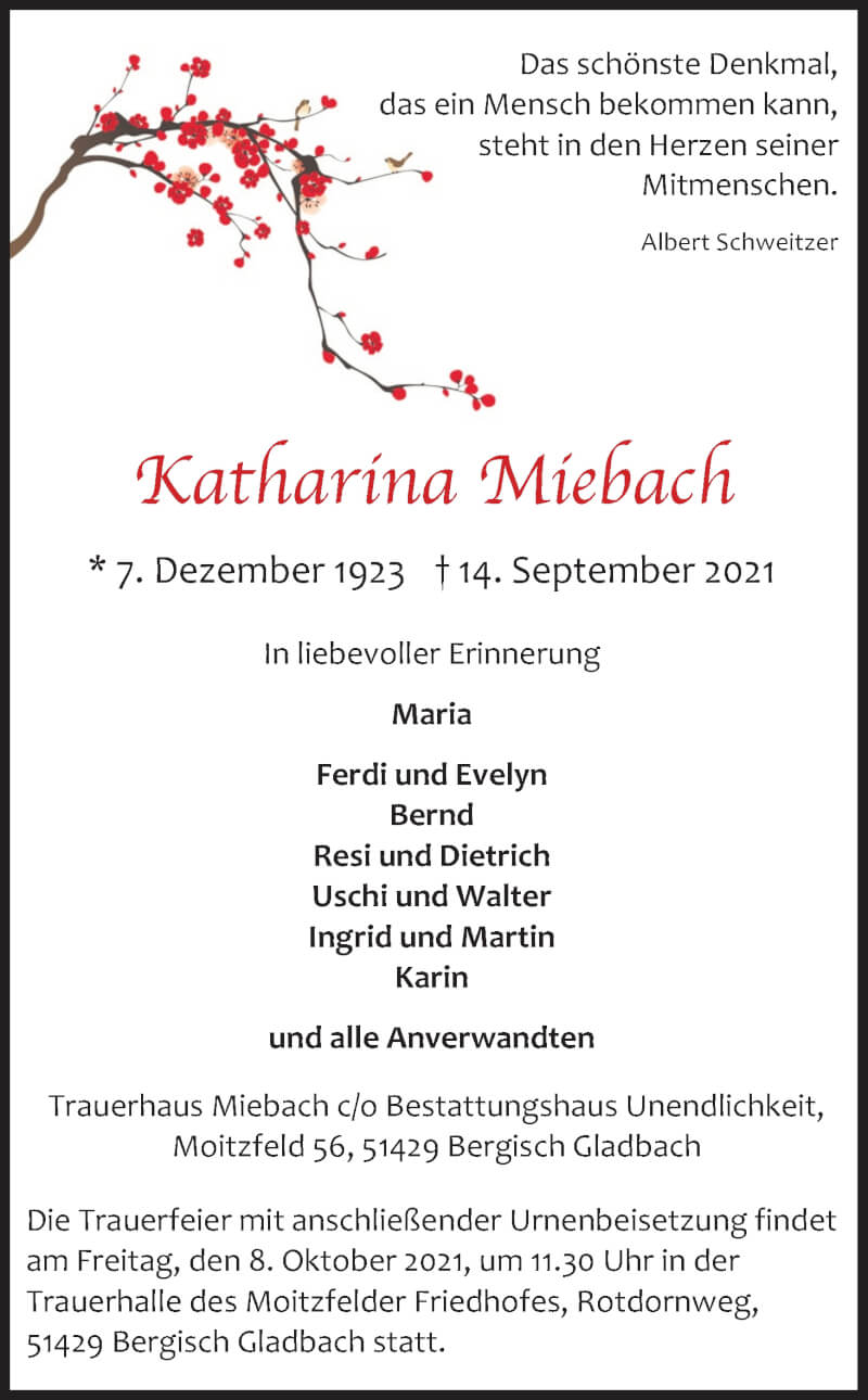  Traueranzeige für Katharina Miebach vom 25.09.2021 aus Kölner Stadt-Anzeiger / Kölnische Rundschau / Express