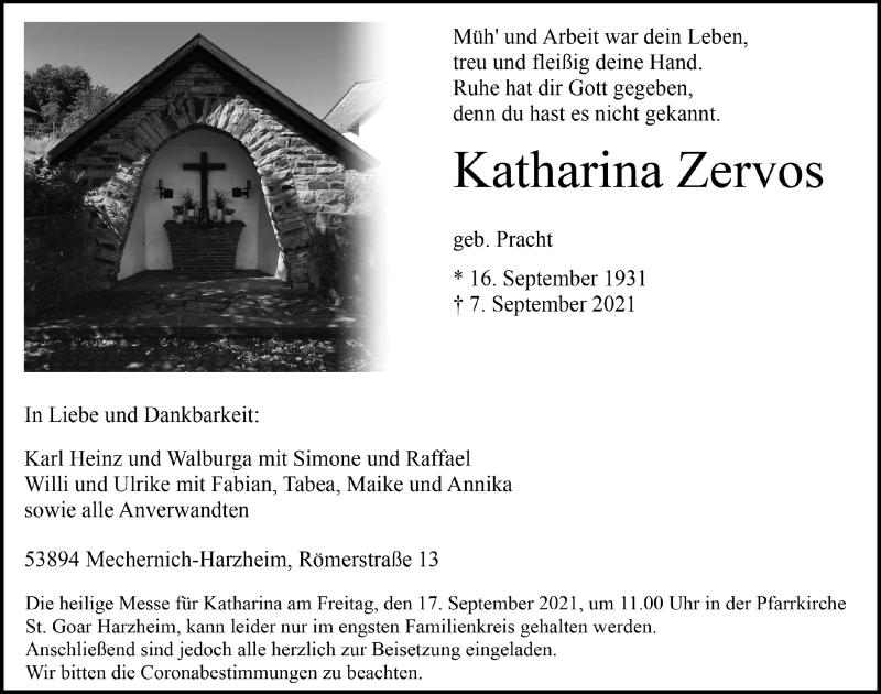  Traueranzeige für Katharina Zervos vom 11.09.2021 aus  Blickpunkt Euskirchen 