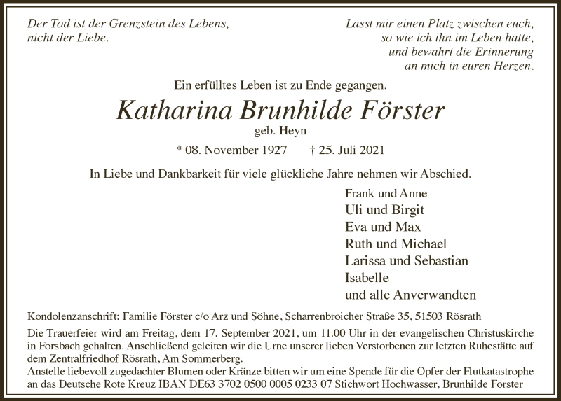  Traueranzeige für Katharina Brunhilde Förster vom 10.09.2021 aus  Kölner Wochenspiegel 