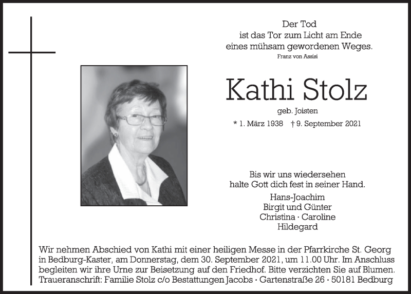  Traueranzeige für Kathi Stolz vom 24.09.2021 aus  Werbepost 