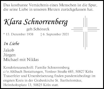 Anzeige von Klara Schnorrenberg von Kölner Stadt-Anzeiger / Kölnische Rundschau / Express