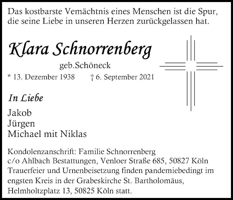  Traueranzeige für Klara Schnorrenberg vom 25.09.2021 aus Kölner Stadt-Anzeiger / Kölnische Rundschau / Express
