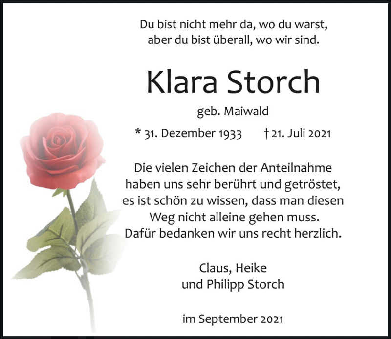  Traueranzeige für Klara Storch vom 03.09.2021 aus  Bergisches Handelsblatt 
