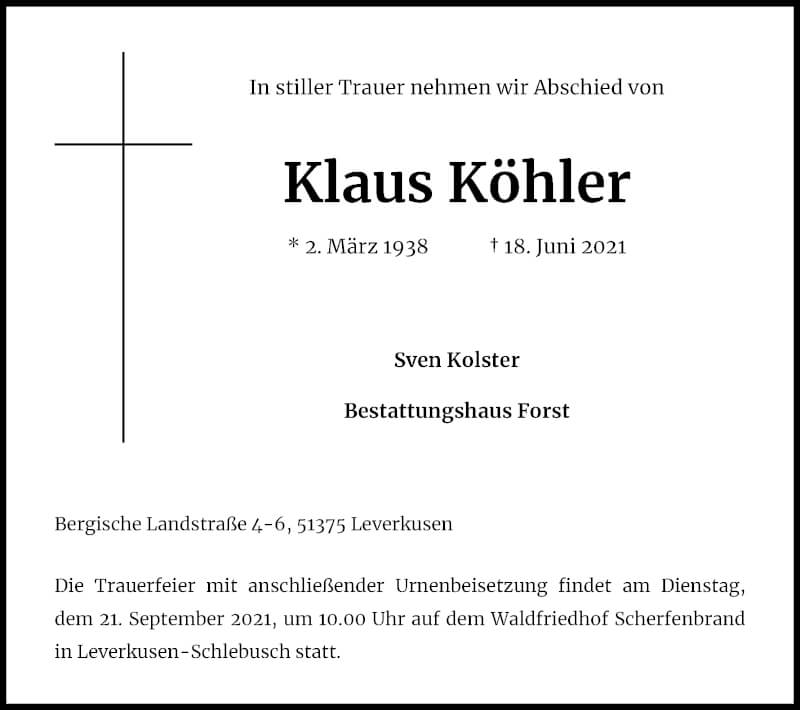  Traueranzeige für Klaus Köhler vom 18.09.2021 aus Kölner Stadt-Anzeiger / Kölnische Rundschau / Express