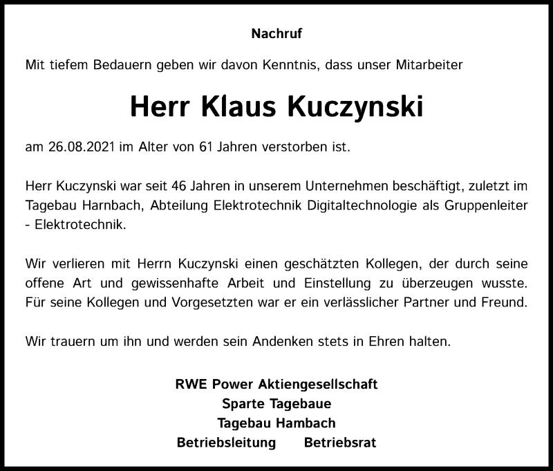  Traueranzeige für Klaus Kuczynski vom 10.09.2021 aus Kölner Stadt-Anzeiger / Kölnische Rundschau / Express