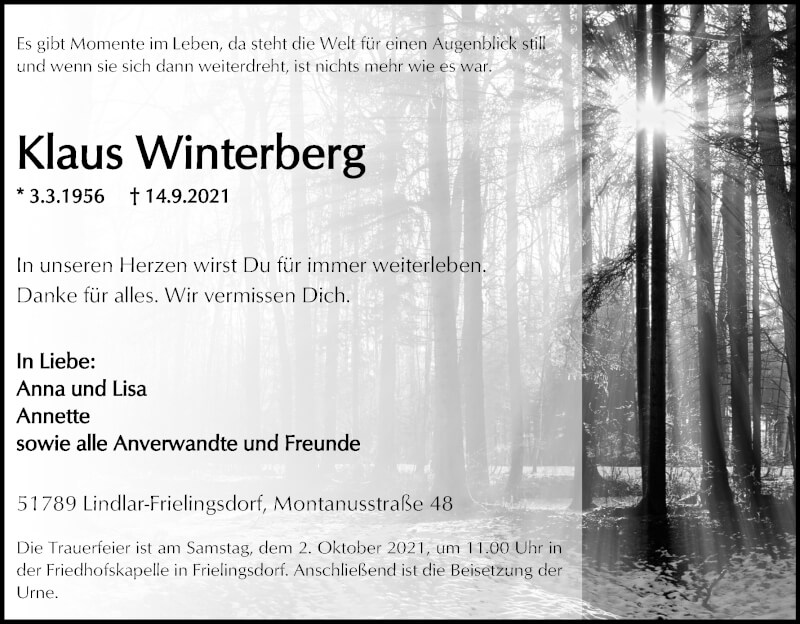  Traueranzeige für Klaus Winterberg vom 25.09.2021 aus Kölner Stadt-Anzeiger / Kölnische Rundschau / Express