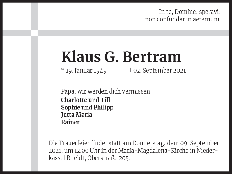  Traueranzeige für Klaus G. Bertram vom 04.09.2021 aus Kölner Stadt-Anzeiger / Kölnische Rundschau / Express