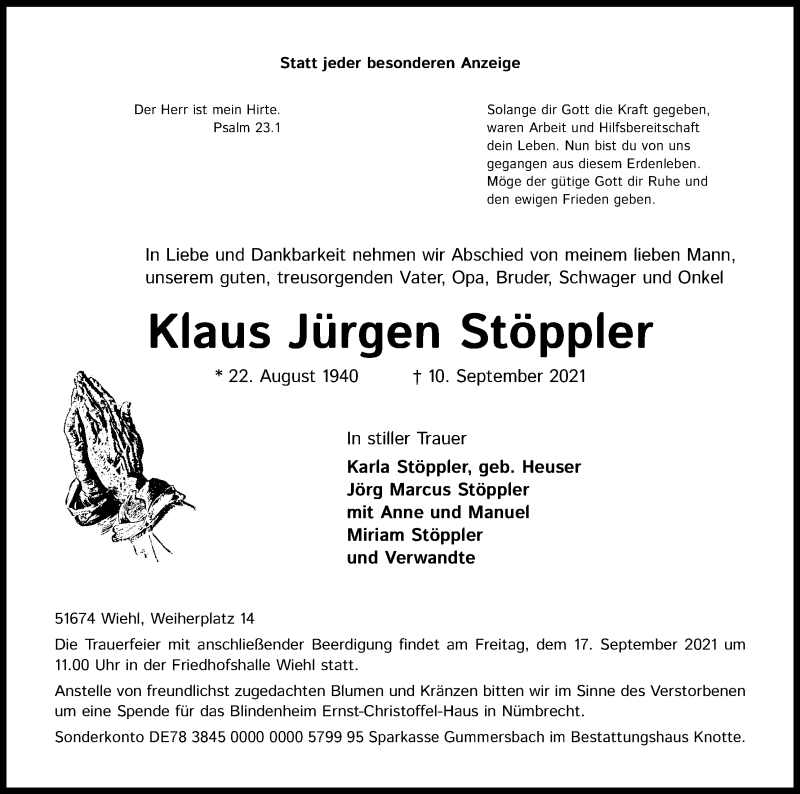  Traueranzeige für Klaus Jürgen Stöppler vom 14.09.2021 aus Kölner Stadt-Anzeiger / Kölnische Rundschau / Express