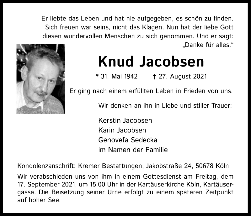  Traueranzeige für Knud Jacobsen vom 04.09.2021 aus Kölner Stadt-Anzeiger / Kölnische Rundschau / Express