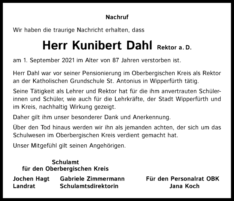  Traueranzeige für Kunibert Dahl vom 14.09.2021 aus Kölner Stadt-Anzeiger / Kölnische Rundschau / Express