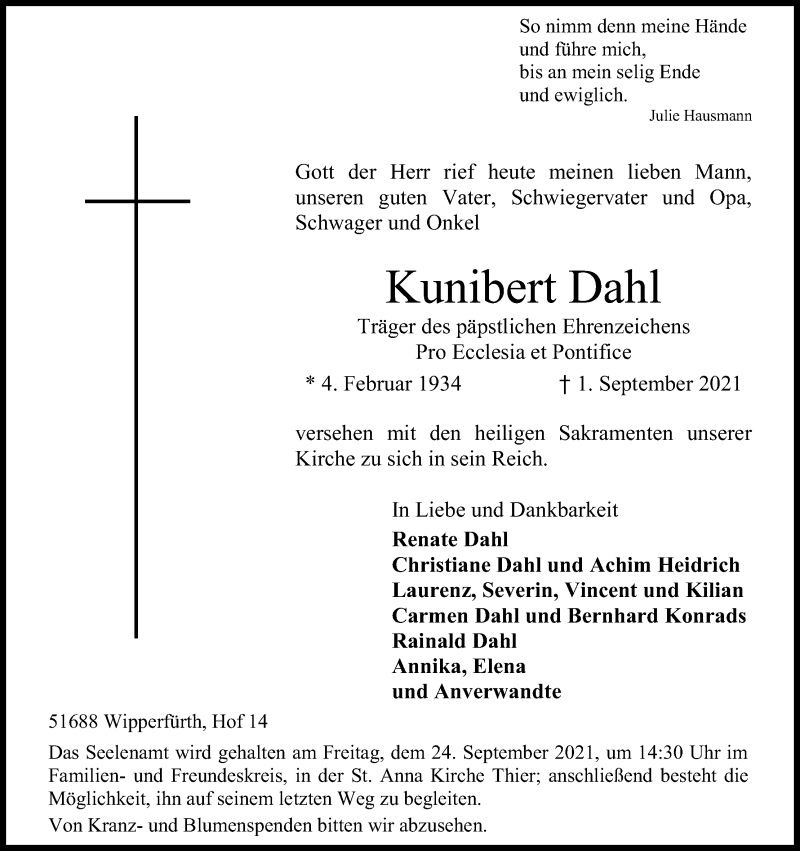  Traueranzeige für Kunibert Dahl vom 11.09.2021 aus Kölner Stadt-Anzeiger / Kölnische Rundschau / Express