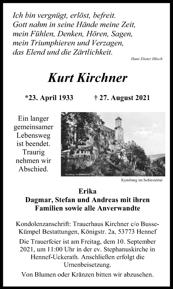  Traueranzeige für Kurt Kirchner vom 04.09.2021 aus Kölner Stadt-Anzeiger / Kölnische Rundschau / Express