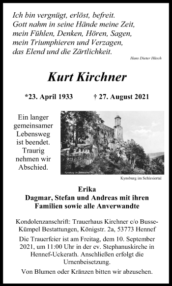 Anzeige von Kurt Kirchner von Kölner Stadt-Anzeiger / Kölnische Rundschau / Express