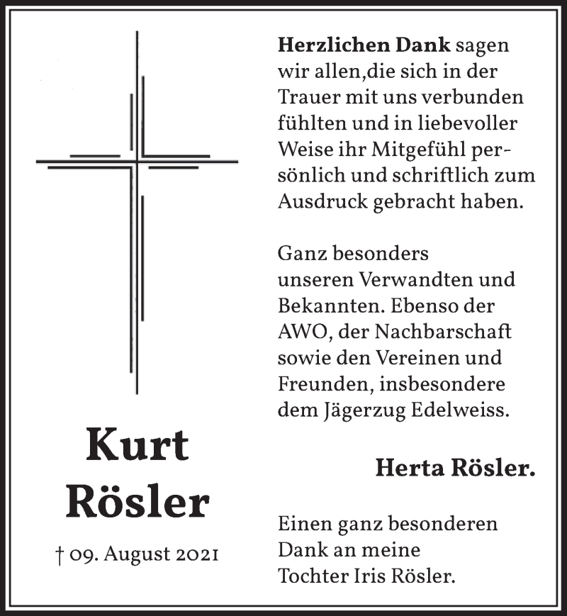  Traueranzeige für Kurt Rösler vom 10.09.2021 aus  Werbepost 