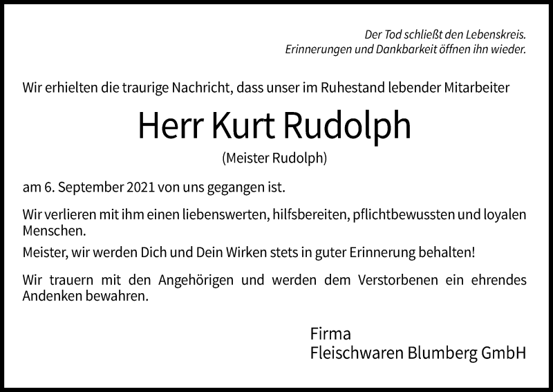  Traueranzeige für Kurt Rudolph vom 15.09.2021 aus Kölner Stadt-Anzeiger / Kölnische Rundschau / Express