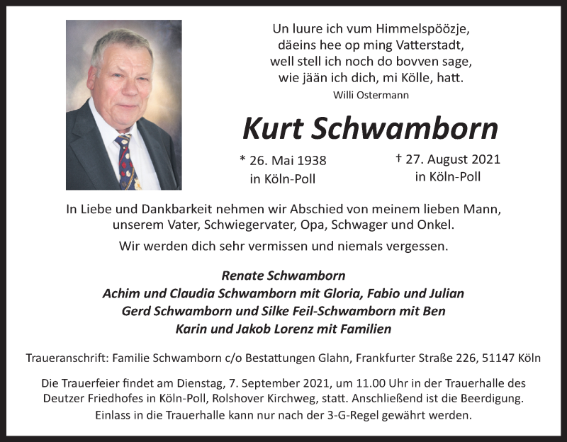  Traueranzeige für Kurt Schwamborn vom 04.09.2021 aus Kölner Stadt-Anzeiger / Kölnische Rundschau / Express