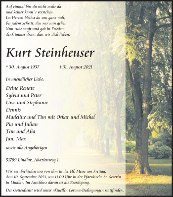 Anzeige von Kurt Steinheuser von Kölner Stadt-Anzeiger / Kölnische Rundschau / Express