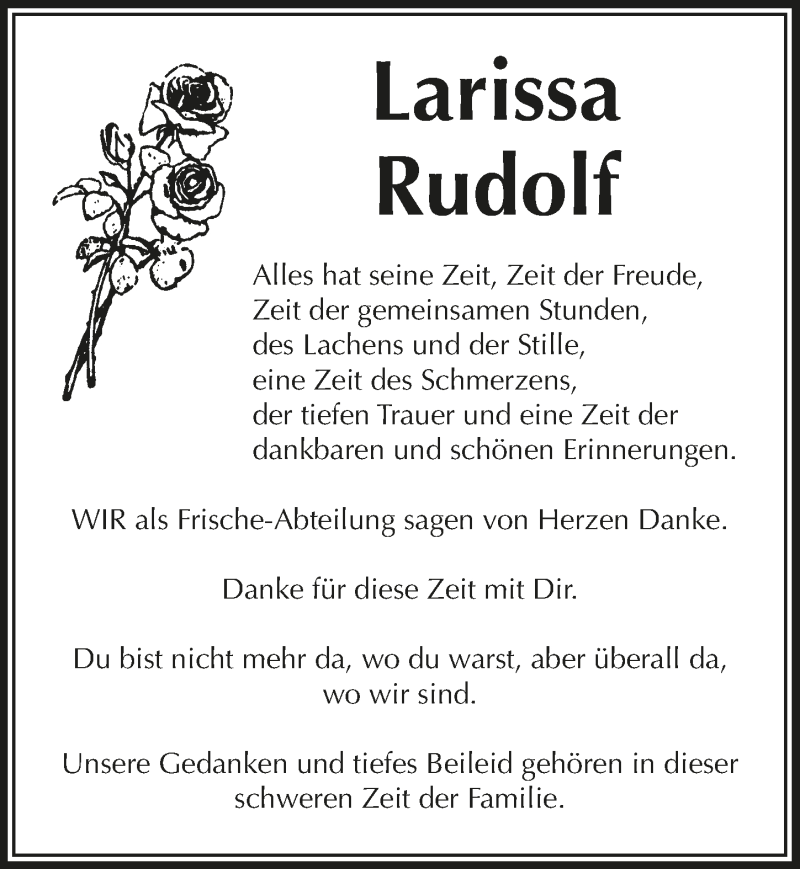  Traueranzeige für Larissa Rudolf vom 03.09.2021 aus  Schlossbote/Werbekurier 