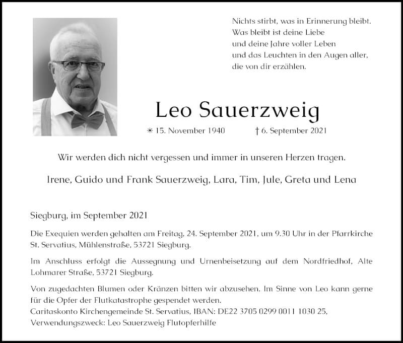  Traueranzeige für Leo Sauerzweig vom 18.09.2021 aus Kölner Stadt-Anzeiger / Kölnische Rundschau / Express