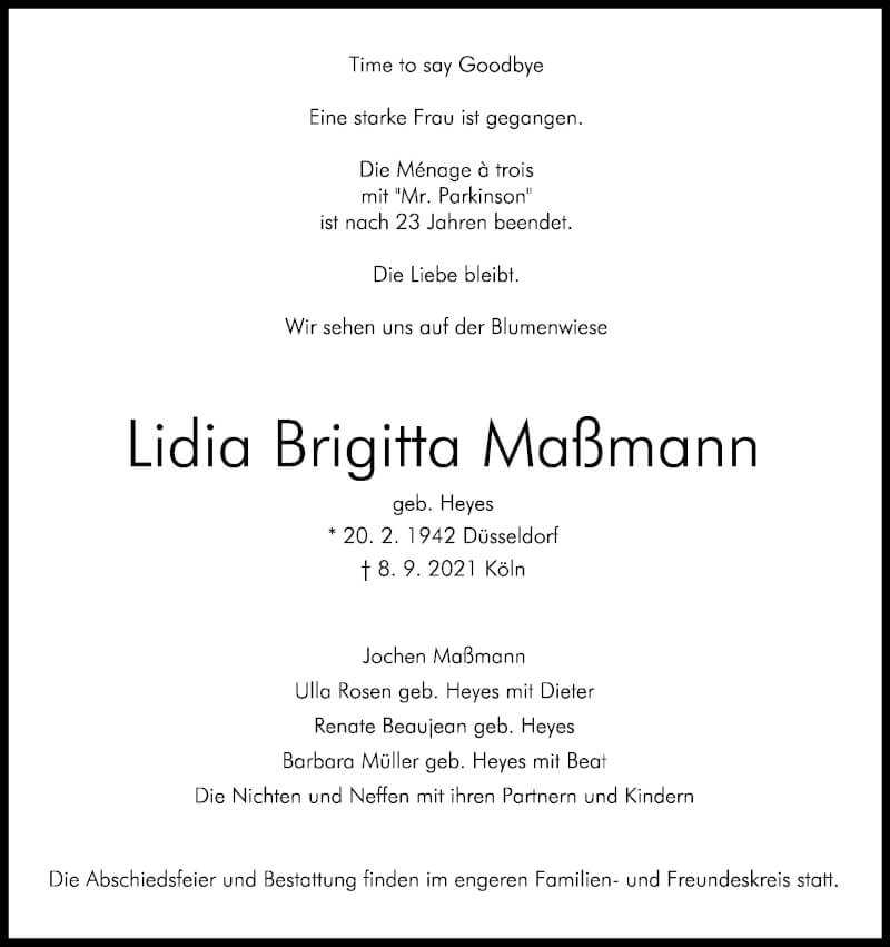  Traueranzeige für Lidia Brigitta Maßmann vom 18.09.2021 aus Kölner Stadt-Anzeiger / Kölnische Rundschau / Express