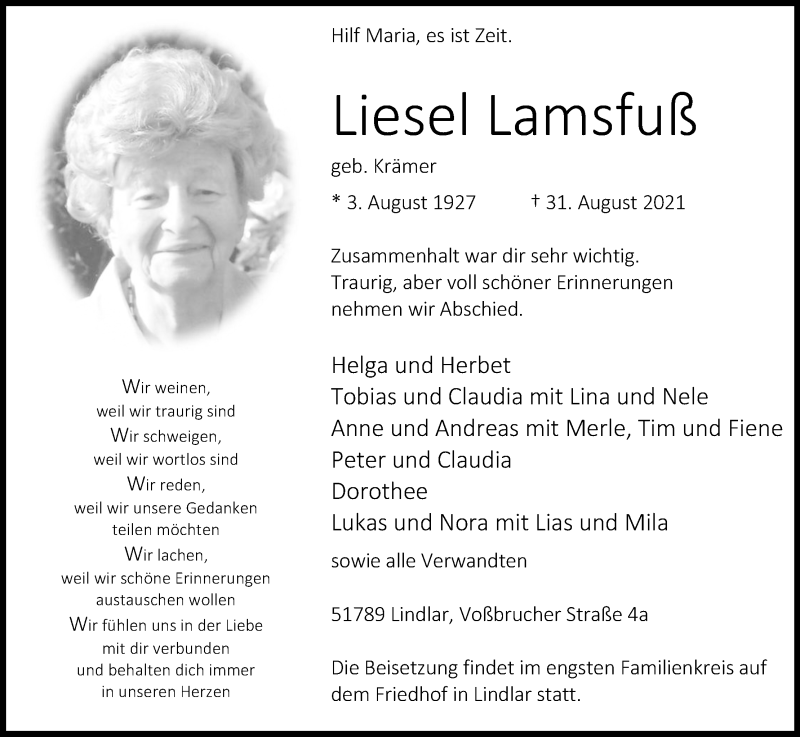  Traueranzeige für Liesel Lamsfuß vom 11.09.2021 aus Kölner Stadt-Anzeiger / Kölnische Rundschau / Express