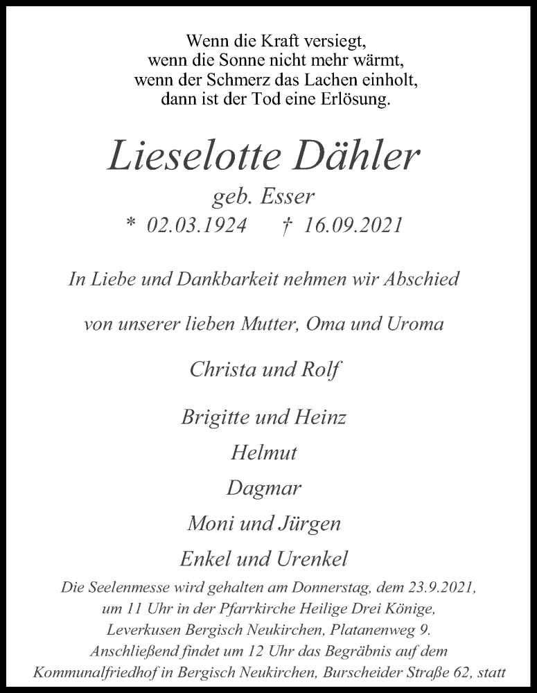  Traueranzeige für Lieselotte Dähler vom 21.09.2021 aus Kölner Stadt-Anzeiger / Kölnische Rundschau / Express