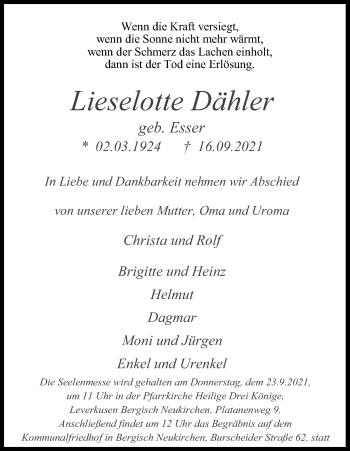 Anzeige von Lieselotte Dähler von Kölner Stadt-Anzeiger / Kölnische Rundschau / Express