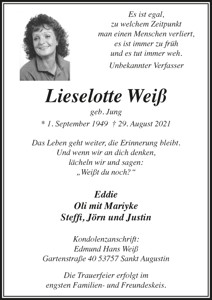  Traueranzeige für Lieselotte Weiß vom 10.09.2021 aus  Extra Blatt 