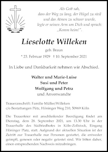 Anzeige von Lieselotte Willeken von Kölner Stadt-Anzeiger / Kölnische Rundschau / Express