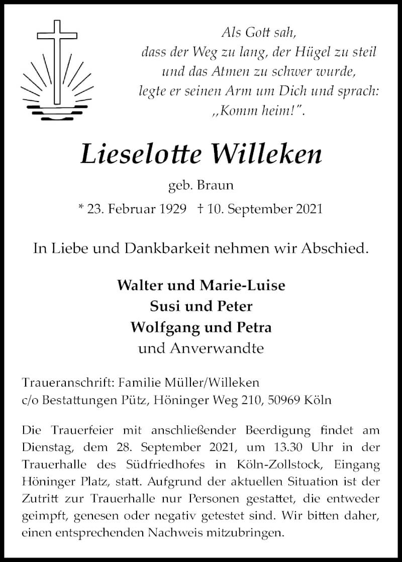 Traueranzeige für Lieselotte Willeken vom 25.09.2021 aus Kölner Stadt-Anzeiger / Kölnische Rundschau / Express