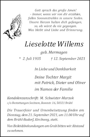Anzeige von Lieselotte Willems von  Schlossbote/Werbekurier 