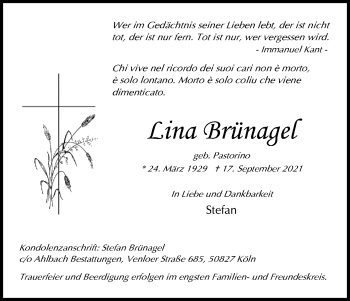 Anzeige von Lina Brünagel von Kölner Stadt-Anzeiger / Kölnische Rundschau / Express