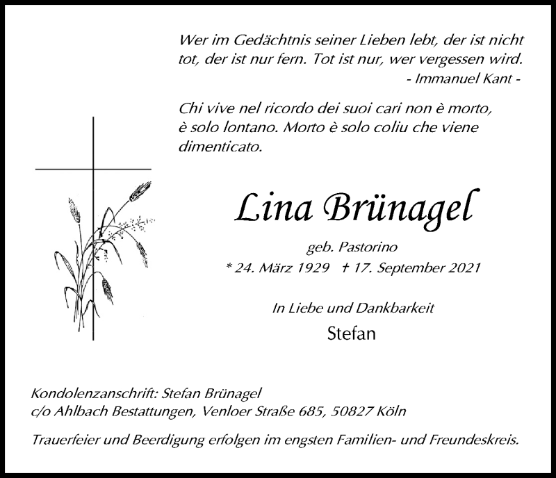  Traueranzeige für Lina Brünagel vom 22.09.2021 aus Kölner Stadt-Anzeiger / Kölnische Rundschau / Express