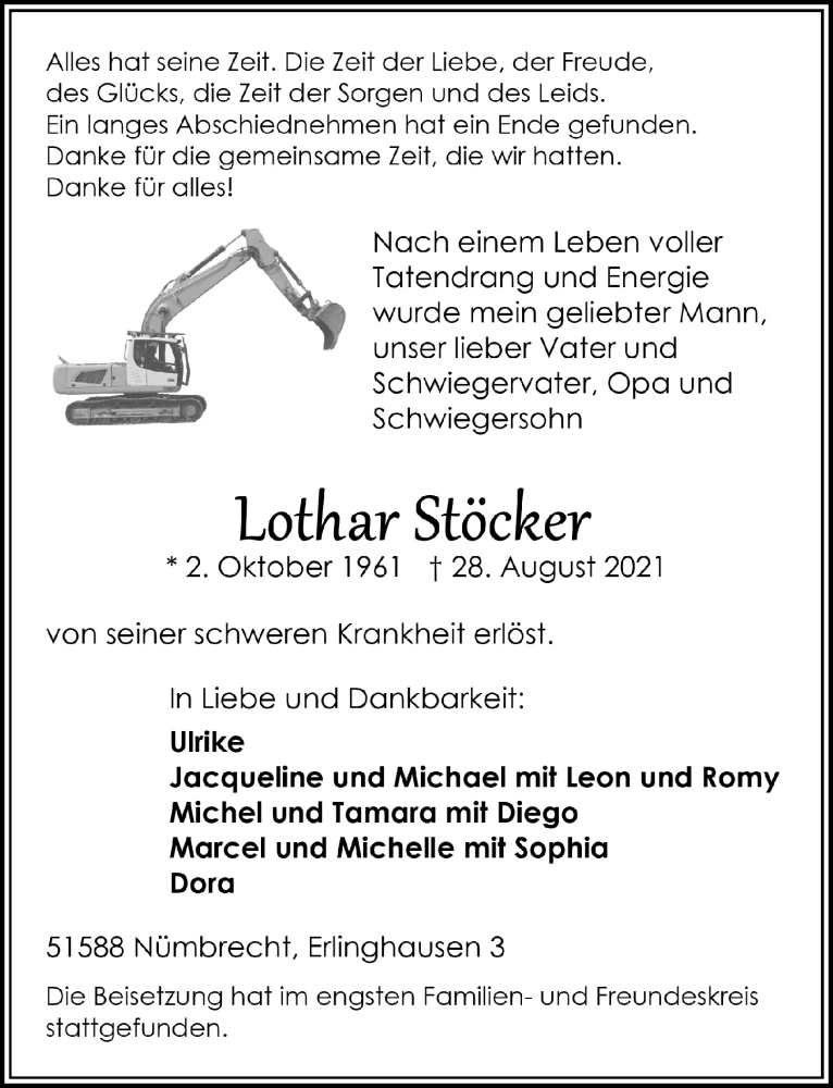  Traueranzeige für Lothar Stöcker vom 10.09.2021 aus  Lokalanzeiger 