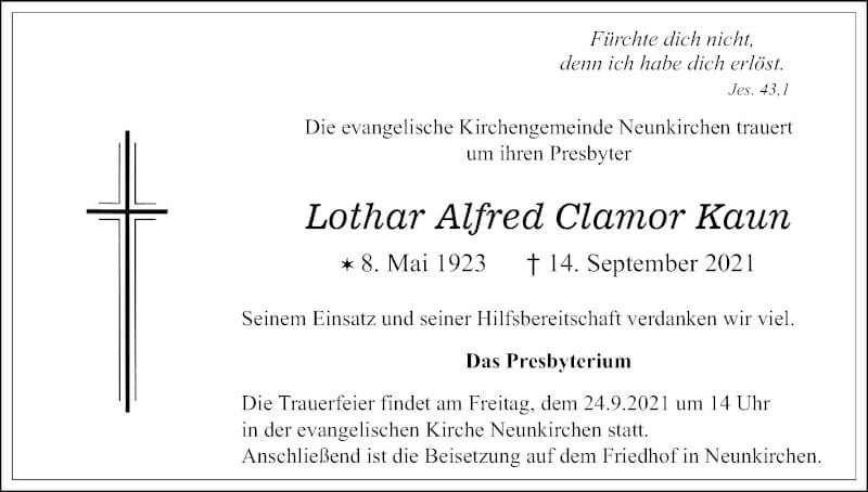  Traueranzeige für Lothar Alfred Clamor Kaun vom 18.09.2021 aus Kölner Stadt-Anzeiger / Kölnische Rundschau / Express
