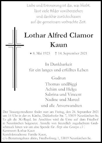 Anzeige von Lothar Alfred Clamor Kaun von Kölner Stadt-Anzeiger / Kölnische Rundschau / Express