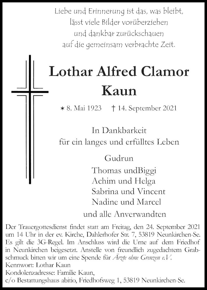  Traueranzeige für Lothar Alfred Clamor Kaun vom 18.09.2021 aus Kölner Stadt-Anzeiger / Kölnische Rundschau / Express