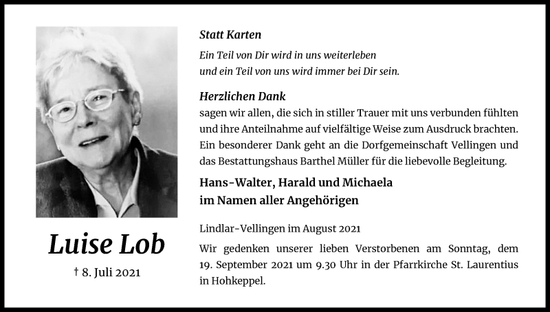  Traueranzeige für Luise Lob vom 11.09.2021 aus Kölner Stadt-Anzeiger / Kölnische Rundschau / Express