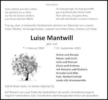 Anzeige von Luise Mantwill von Kölner Stadt-Anzeiger / Kölnische Rundschau / Express